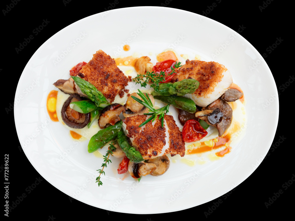 Fish fillet with mushrooms and asparagus, isolated