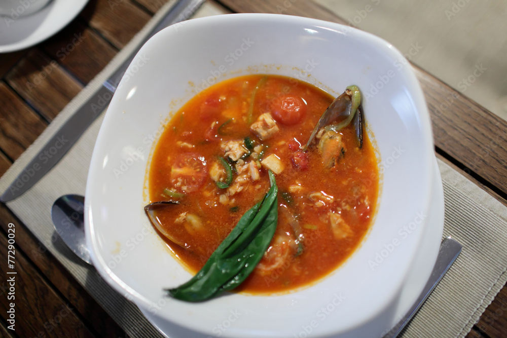 Tomato soup with seafood at cafe Tomato soup with seafood at cafe