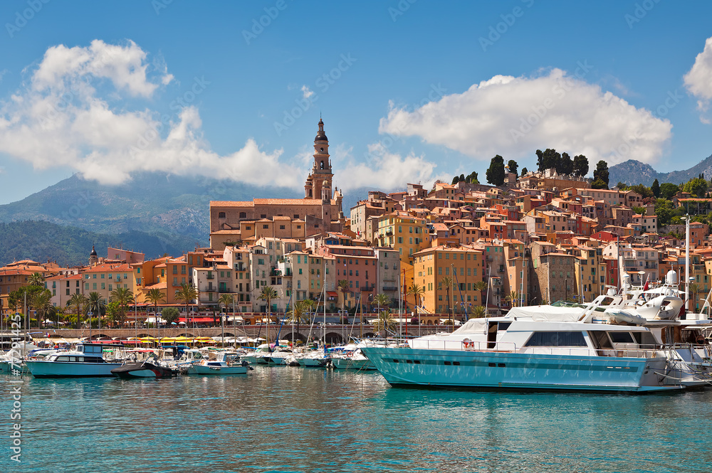 View of marina and old part of Menton, France.