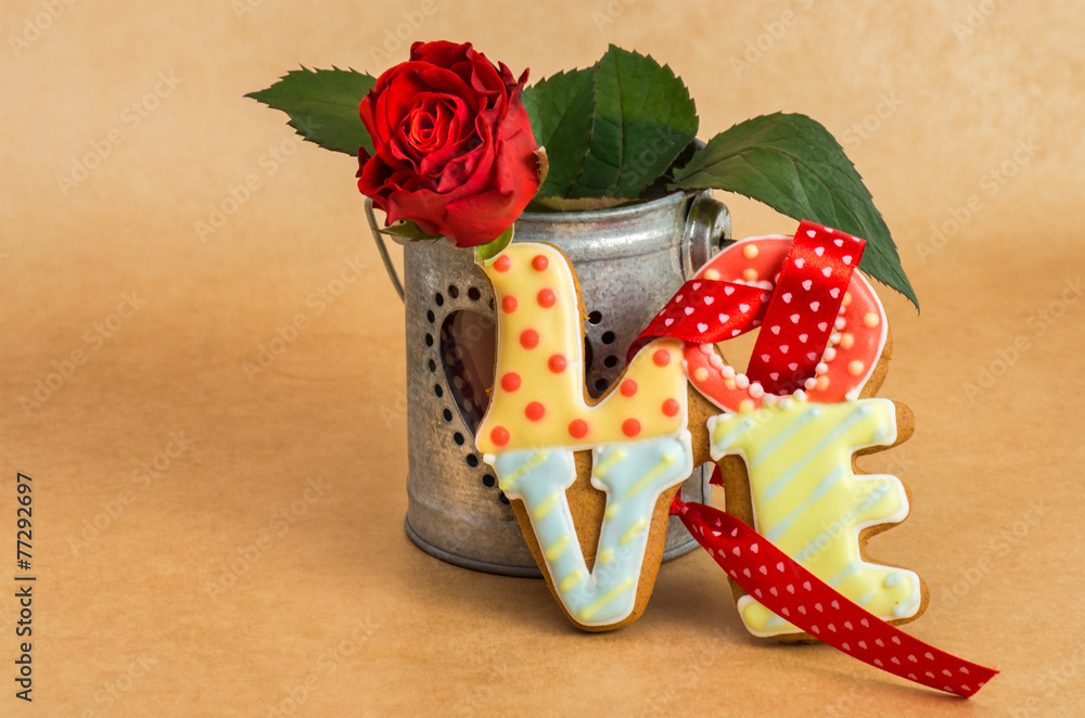 Valentine's Day cookies as a word love and flower red rose Valentine's Day cookies as a word love and flower red rose