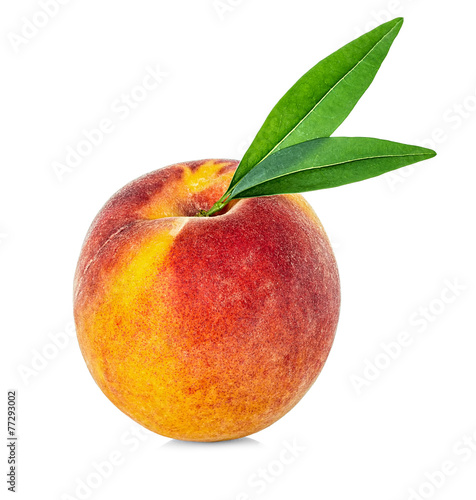 Peach with leaf isolated on white background