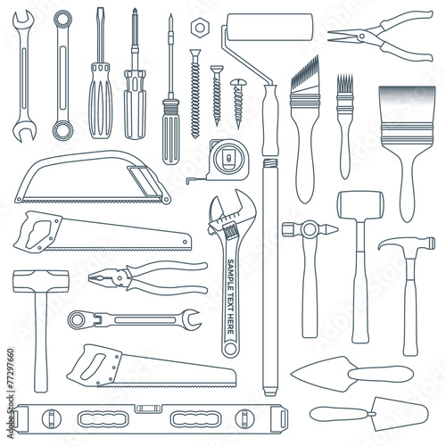 vector dark grey outline various house remodel instruments set.