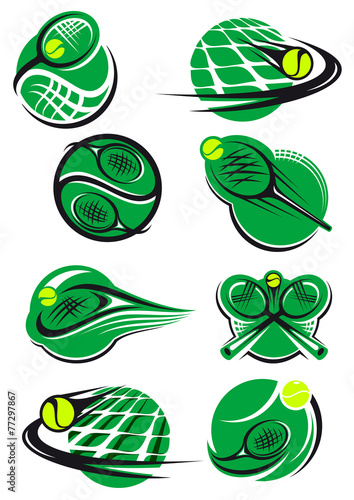 Tennis icons and symols with rackets balls, net
