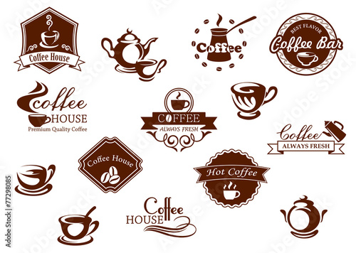 Coffee icons, banners and logos in brown