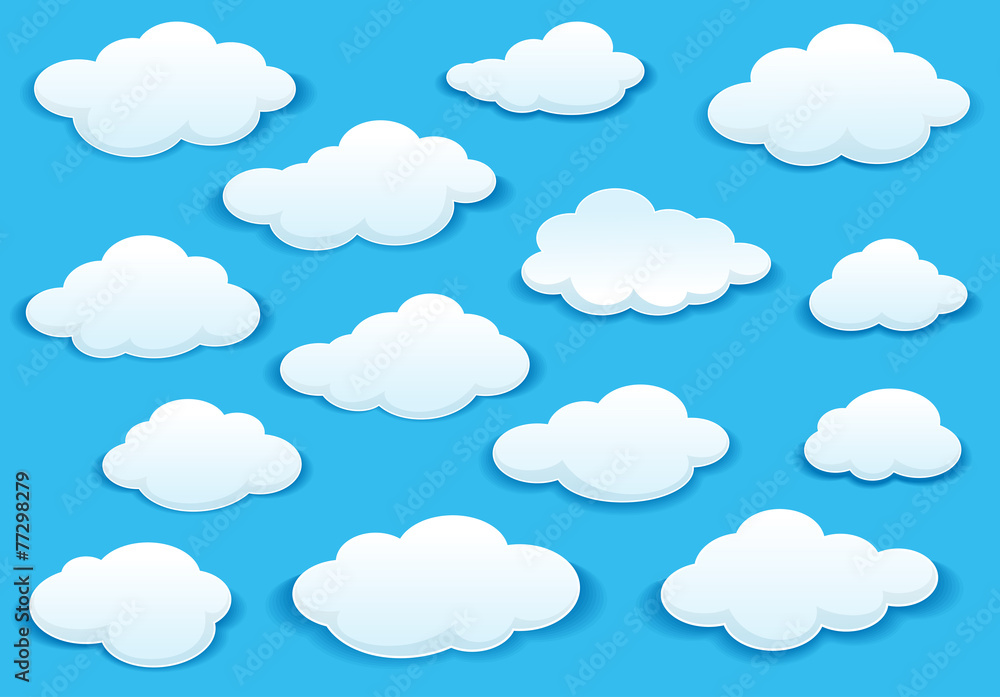 White fluffy cloud icons on blue sky