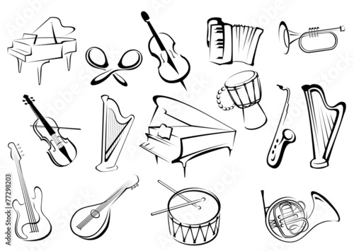 Musical instruments icons in sketch style