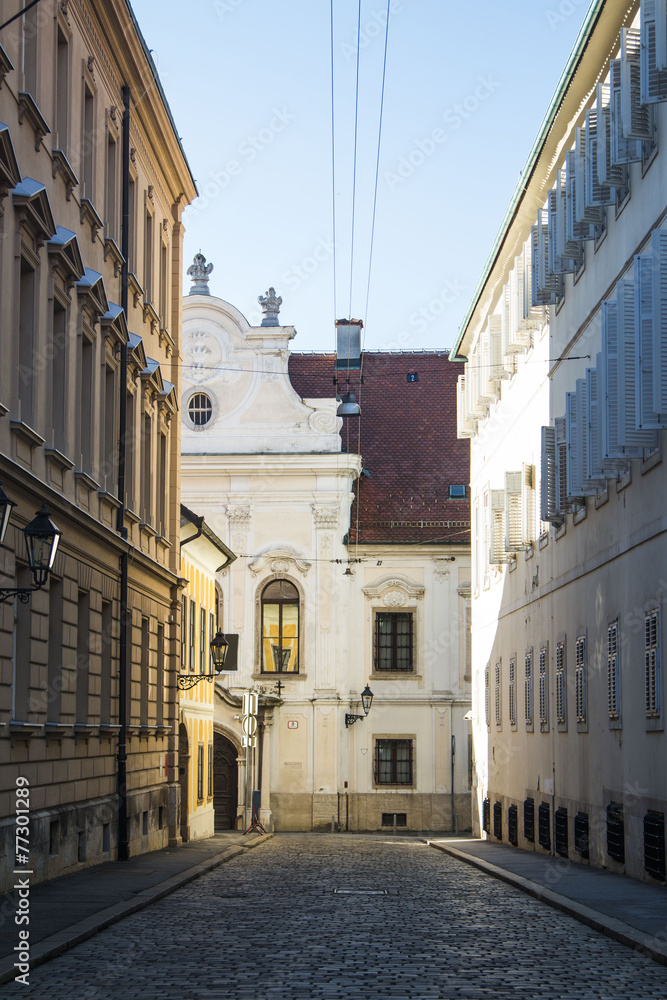 Street in the Upper town, historic center of Zagreb, Croatia