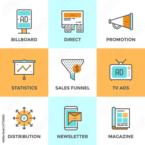Advertising and marketing line icons set