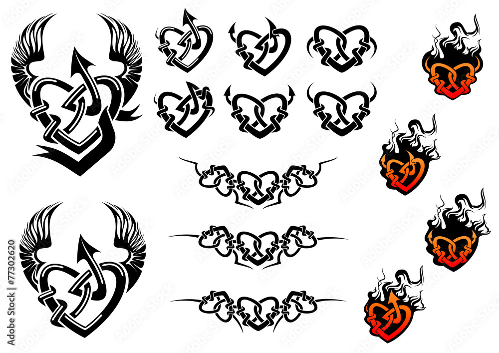 Entwined hearts tattoos with wings and flames Entwined hearts tattoos with wings and flames