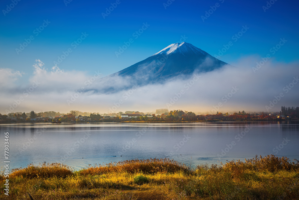 Mountain Fuji and Kawaguchiko lake with morning mist in autumn s