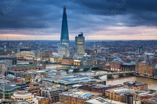 Shard, London panorama in sunset, view from St. Paul cathedral