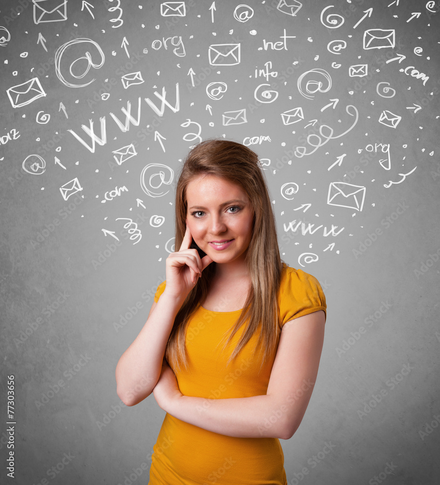 Pretty young girl with abstract white media icon doodles Pretty young girl with abstract white media icon doodles