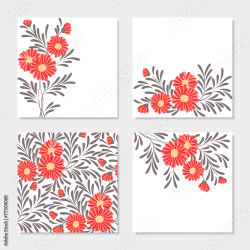 set of four cards with red abstract flowers