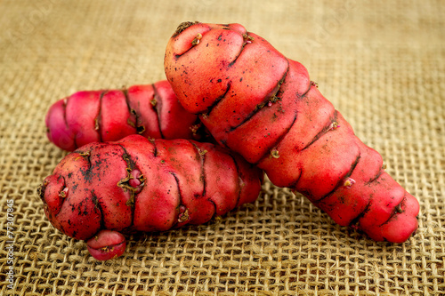 Pink oca new zealand yams closup macro on hessian background