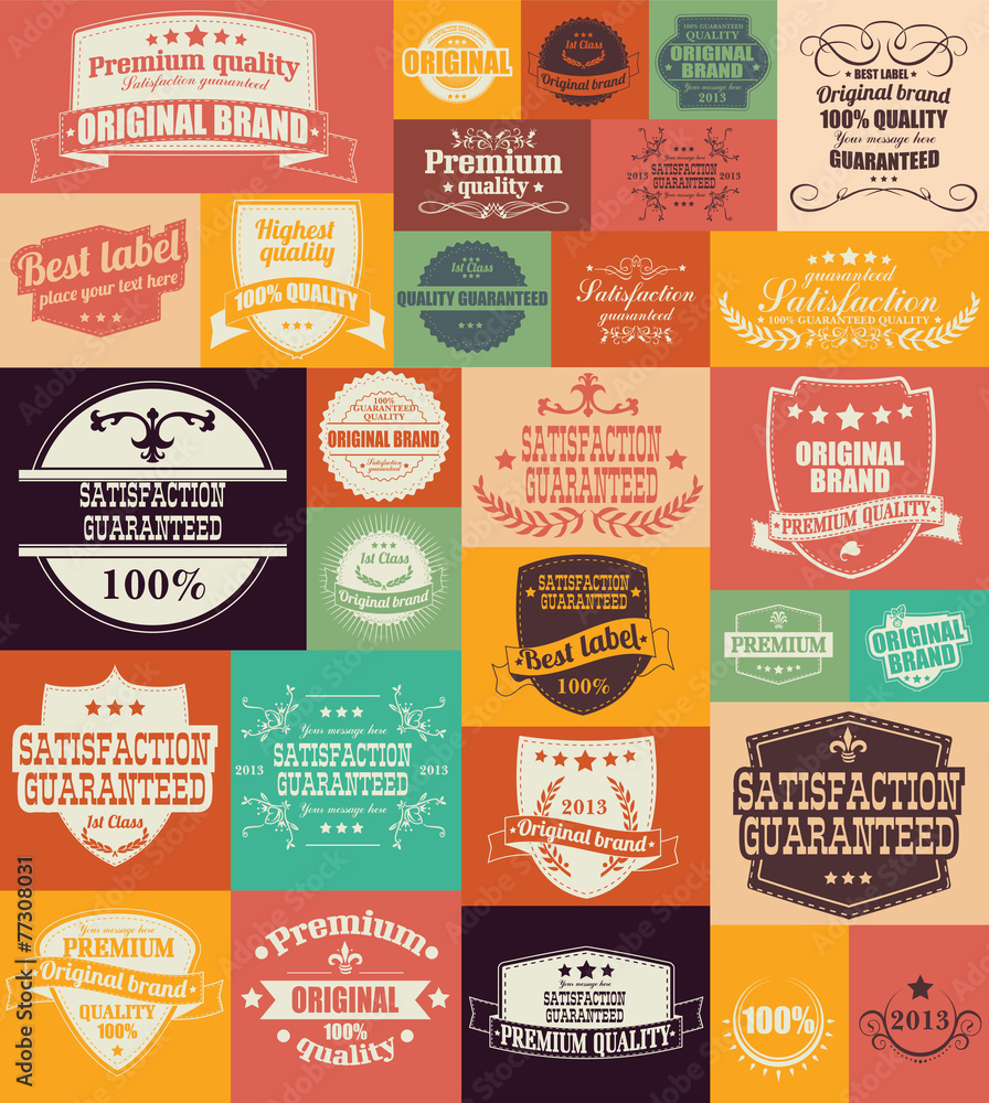 Collection of vintage retro labels, badges, stamps and ribbons