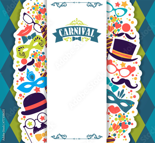 Celebration festive background with carnival icons and objects.