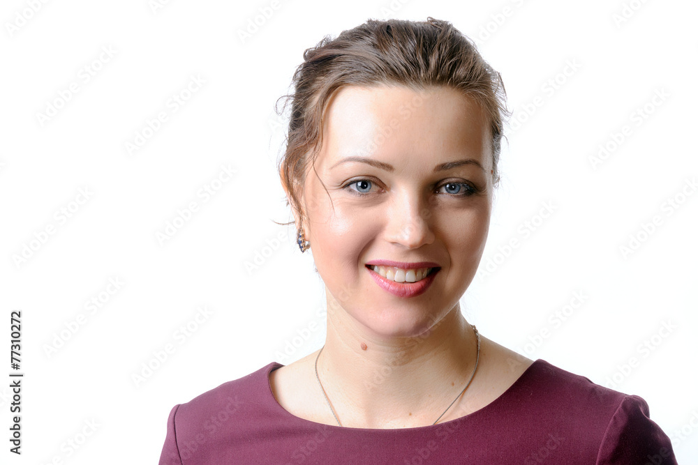 Woman in a burgundy dress who is smiling Woman in a burgundy dress who is smiling