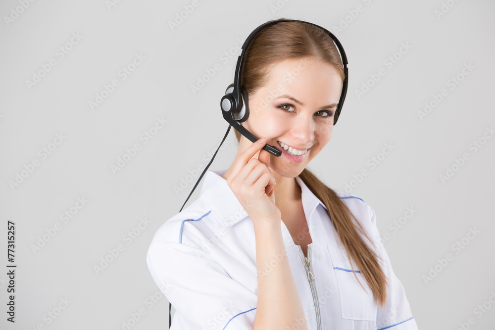 Woman customer service worker, call center smiling operator Woman customer service worker, call center smiling operator