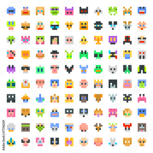 large set of pixel faces
