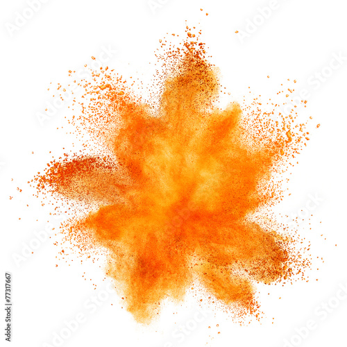 Red powder explosion isolated on white photo