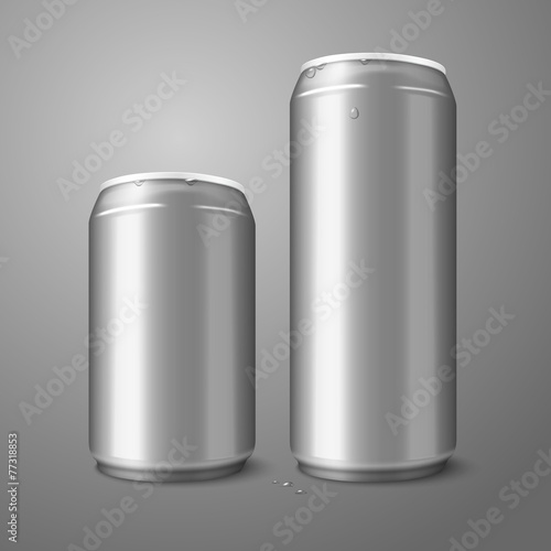 Two blank aluminium beer cans isolated on gray background.