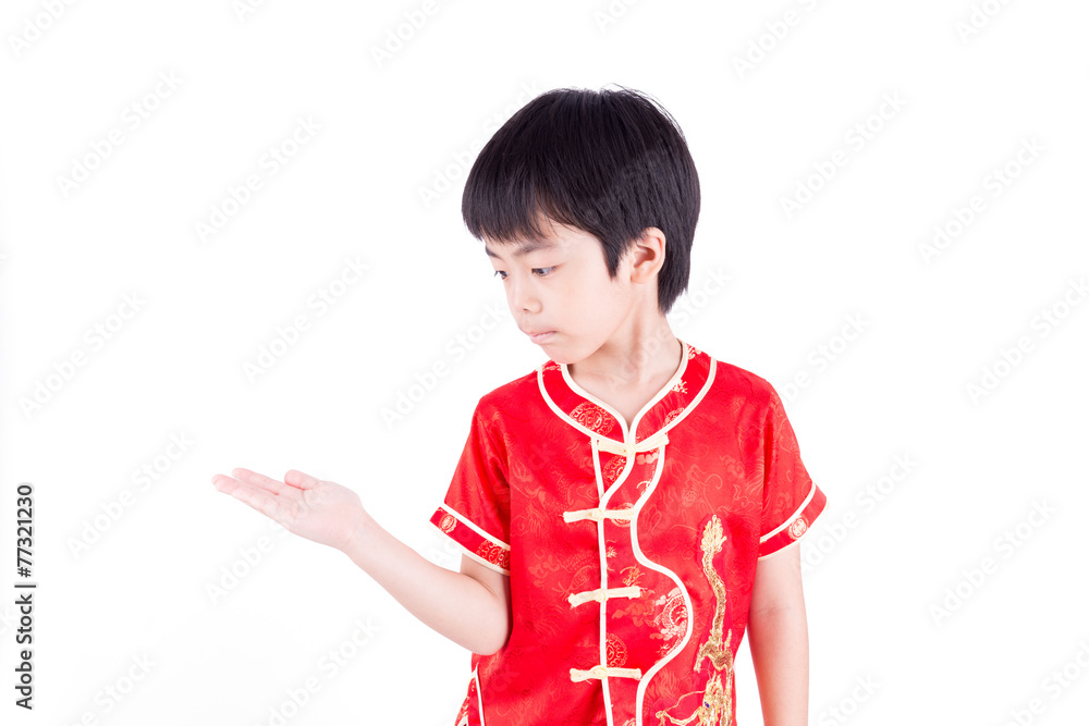 Cute Asian Boy In Tradition Chinese Cheongsam Isolated On White