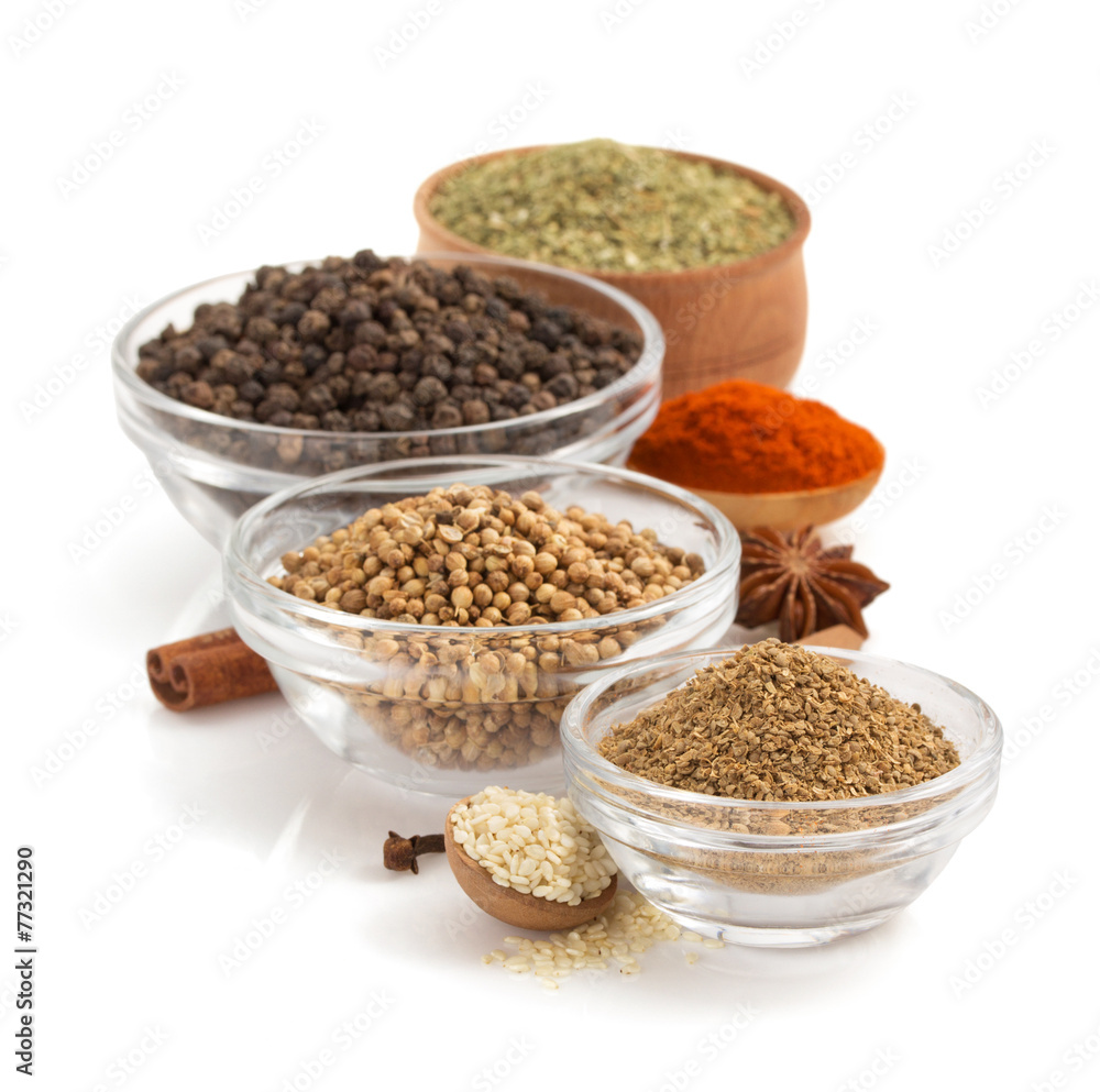 food ingredients and spices on white food ingredients and spices on white