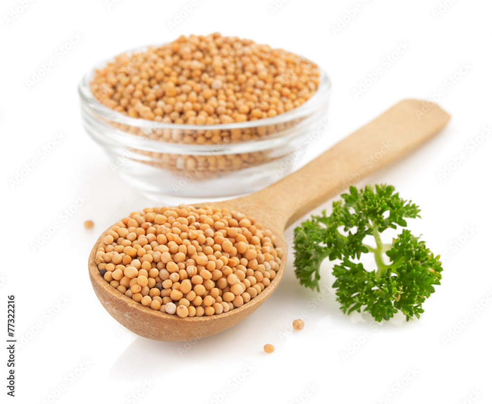 mustard spices in spoon on white mustard spices in spoon on white