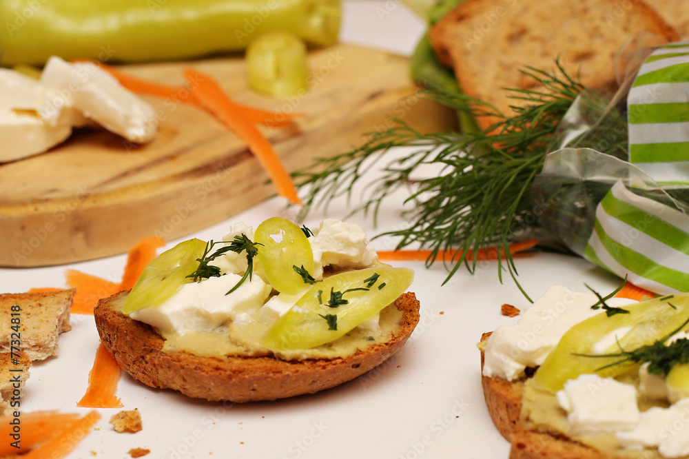 Vegetarian sandwich with hummus, chesse and paprika Vegetarian sandwich with hummus, chesse and paprika