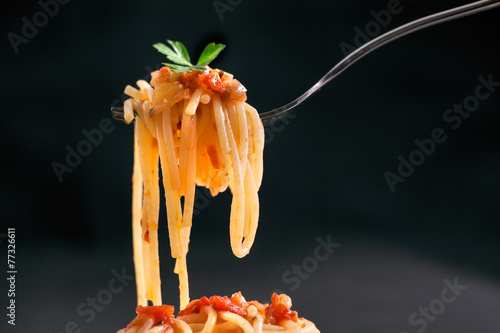 Fresh hot spaghetti wrapped on fork