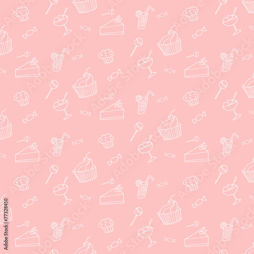 Sweet dessert seamless texture on a pink background, hand drawing doodle. Food and cooking