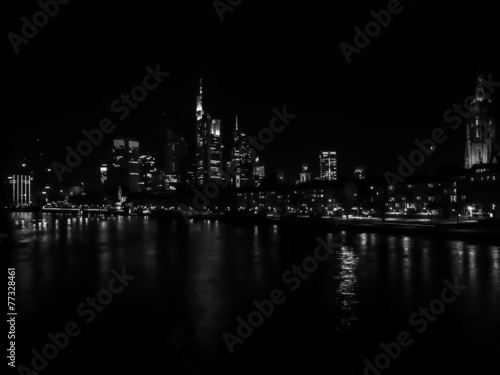 The skyline of Frankfurt, Germany, at night in black and white