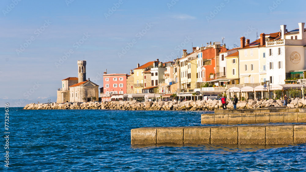 Colorful architecture at harbor of Piran, coastal town in Istria