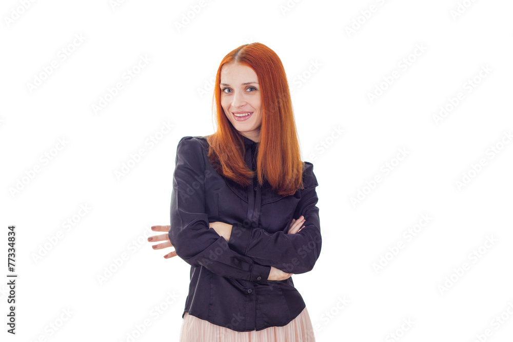 Elegant red-haired woman with crossed arms on white background Elegant red-haired woman with crossed arms on white background