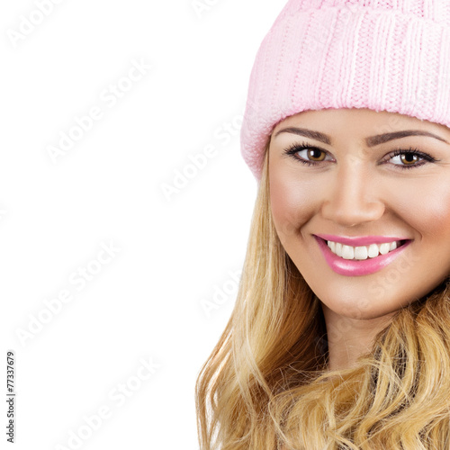 Beautiful blonde with pink beanie and lips