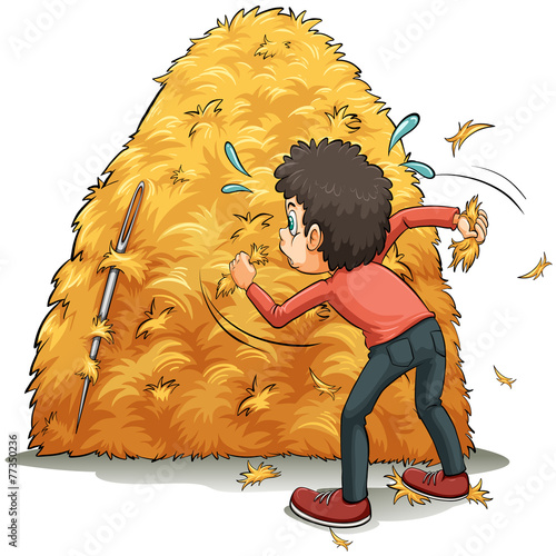 A boy looking for a needle