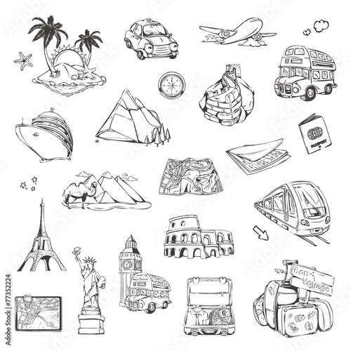 Travel, sketches of icons vector set
