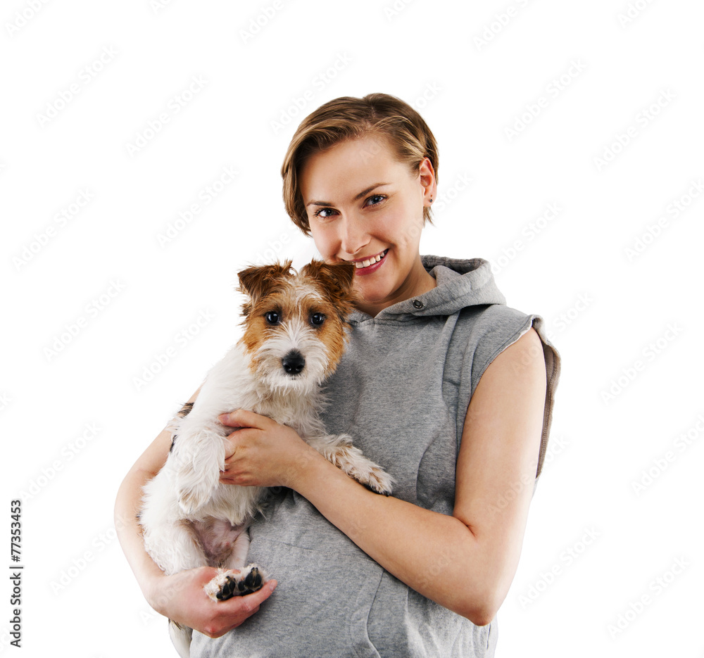 Happy woman with a dog - isolated over a white background Happy woman with a dog - isolated over a white background