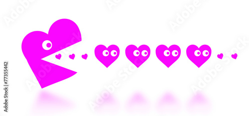 Bild auf Leinwand Concept of dating - big Pacman heart hunting small hearts