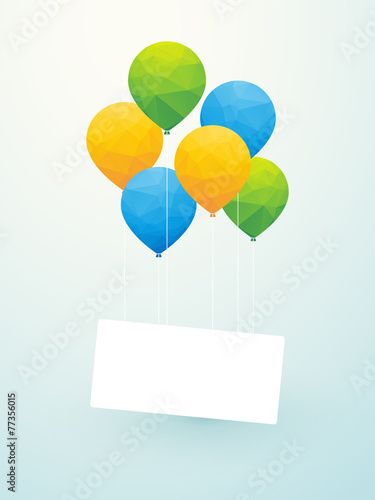 yellow green blue balloons carry light white sign