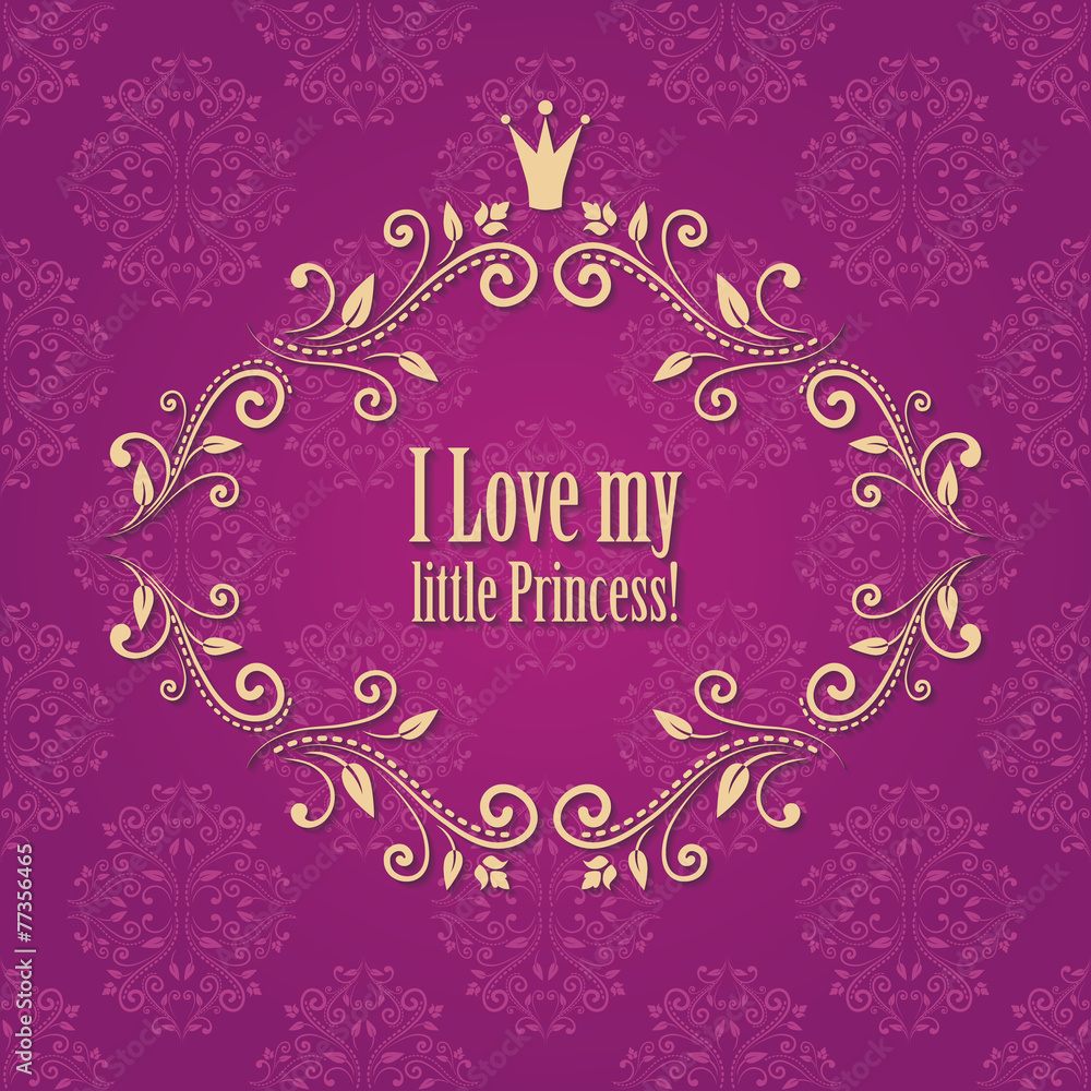 cute bright pink purple damask background. frame with crown cute bright pink purple damask background. frame with crown