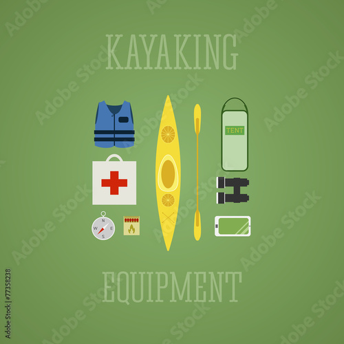 Kayaking equipment icons set. Kayak illustration on a multicolor