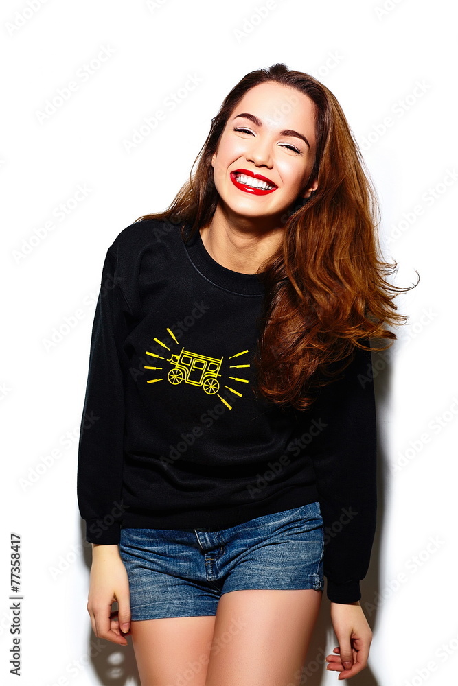 stylish beautiful girl model in casual cloth with red lips