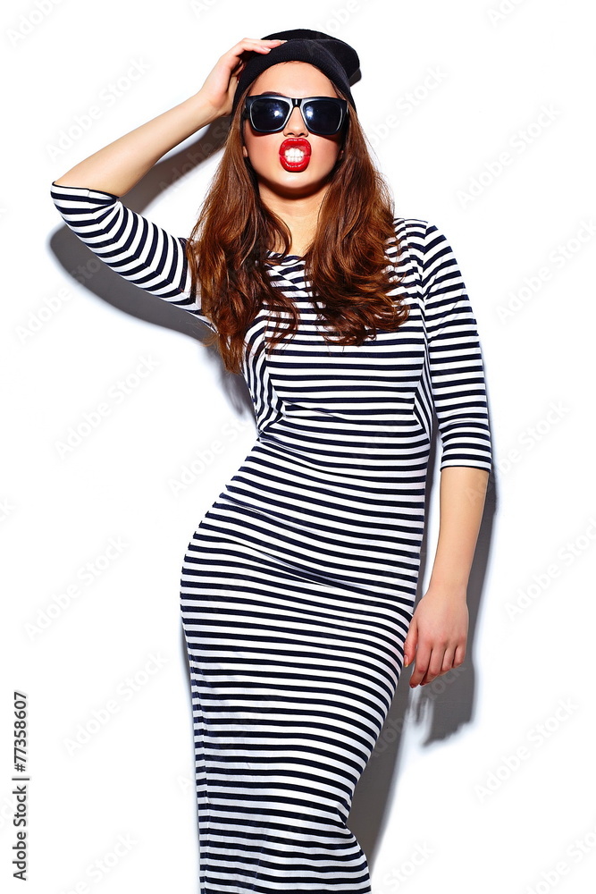 Fototapeta premium stylish beautiful girl model in casual cloth with red lips