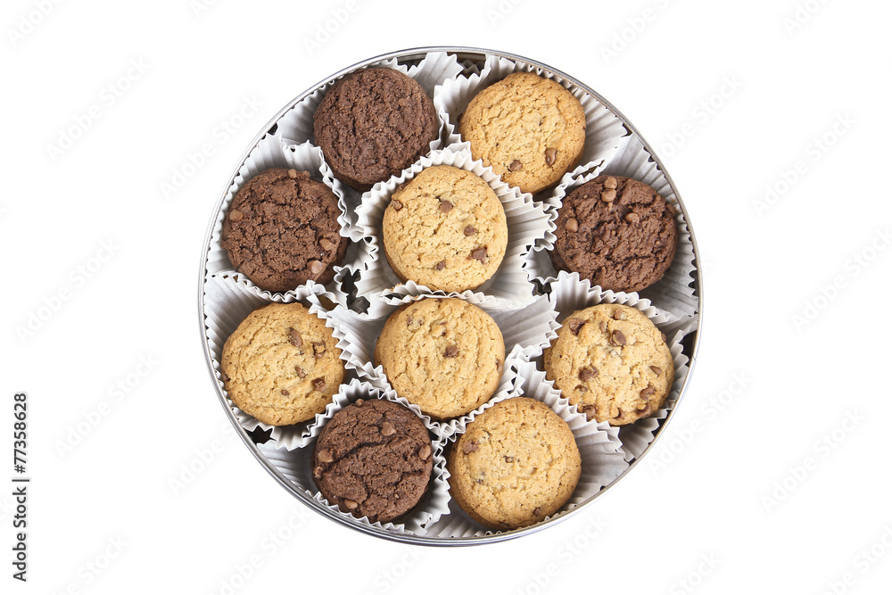 chocolate chip cookies in a box isolated