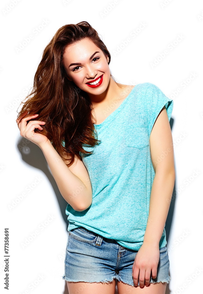 Fototapeta premium stylish beautiful girl model in casual cloth with red lips