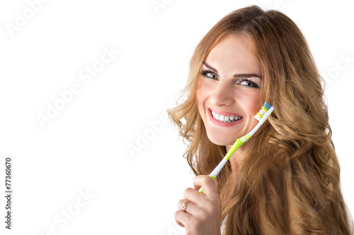Woman with toothbrush. Isolated on white background.
