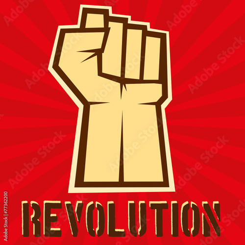 Concept of revolution. Hund up on red background, vector