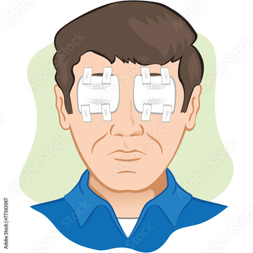 Sterile gauze in irritated eyes and wounded, front face