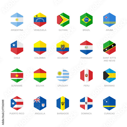 South America and Caribbean Flag Icons. Hexagon Flat Design.